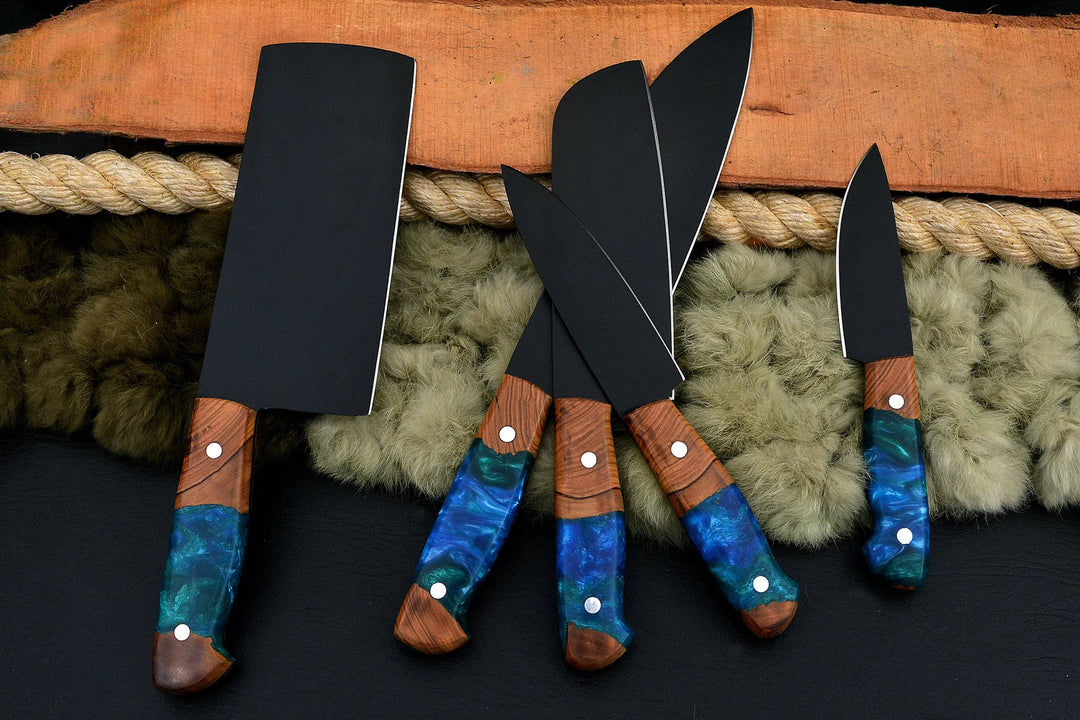 Custom Handmade Chef Knives Set / Kitchen Knives Set / 5Pcs Chef Set / Black Coated Blades Chef Knives Set / BBQ Knives Set / Best gift item / Mother Day Gift / Professional Chef For Gift