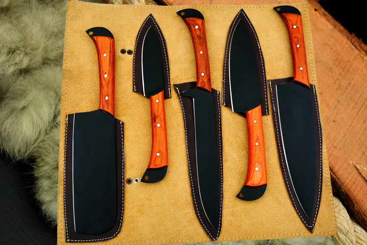 Custom Handmade Chef Knives Set / Kitchen Knives Set / 5Pcs Chef Set / Black Coated Blades Chef Knives Set / BBQ Knives Set / Best gift item / Mother Day Gift / Professional Chef For Gift