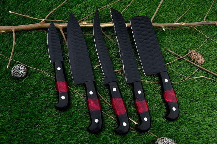 Custom Handmade Chef Knives Set / Kitchen Knives Set / 5Pcs Chef Set / Black Coated Blades Chef Knives Set / BBQ Knives Set / Best gift item / Mother Day Gift / Professional Chef For Gift