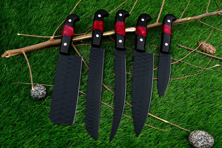 Custom Handmade Chef Knives Set / Kitchen Knives Set / 5Pcs Chef Set / Black Coated Blades Chef Knives Set / BBQ Knives Set / Best gift item / Mother Day Gift / Professional Chef For Gift