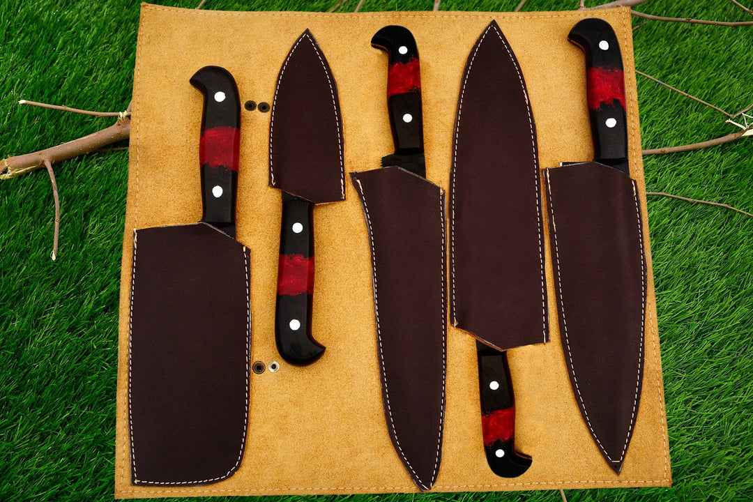 Custom Handmade Chef Knives Set / Kitchen Knives Set / 5Pcs Chef Set / Black Coated Blades Chef Knives Set / BBQ Knives Set / Best gift item / Mother Day Gift / Professional Chef For Gift