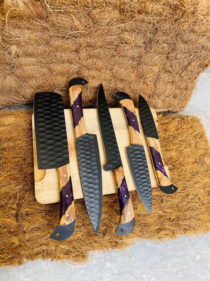 Custom Handmade Chef Knives Set / Kitchen Knives Set / 5Pcs Chef Set / Black Coated Blades Chef Knives Set / BBQ Knives Set / Best gift item / Mother Day Gift / Professional Chef For Gift