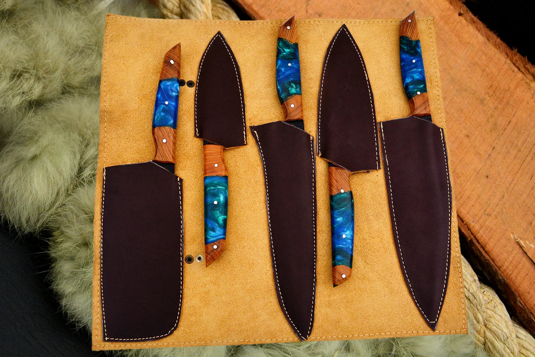 Custom Handmade Chef Knives Set / Kitchen Knives Set / 5Pcs Chef Set / Black Coated Blades Chef Knives Set / BBQ Knives Set / Best gift item / Mother Day Gift / Professional Chef For Gift