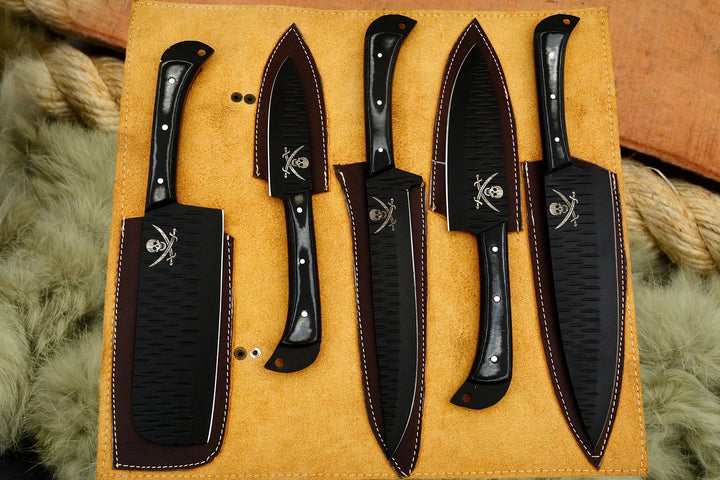 Custom Handmade Chef Knives Set / Kitchen Knives Set / 5Pcs Chef Set / Black Coated Blades Chef Knives Set / BBQ Knives Set / Best gift item / Mother Day Gift / Professional Chef For Gift