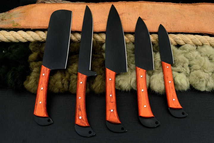 Custom Handmade Chef Knives Set / Kitchen Knives Set / 5Pcs Chef Set / Black Coated Blades Chef Knives Set / BBQ Knives Set / Best gift item / Mother Day Gift / Professional Chef For Gift