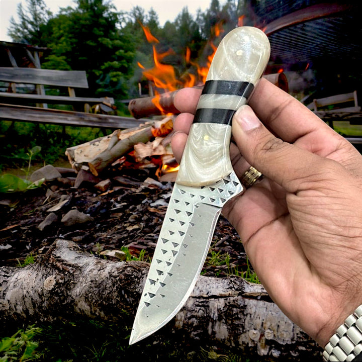 Handcrafted Rasp Steel Cowboy Knife, With Resin, Buffalo Horn Spacer handle And Leather Sheath