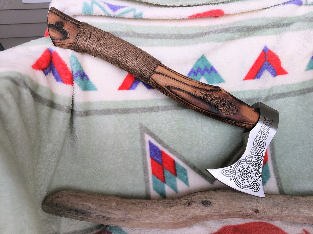 Custom Handmade Viking Gift Forged Carbon steel Axe with Ash Wood handle, Viking axe with sheath Best Birthday Anniversary gift for him;