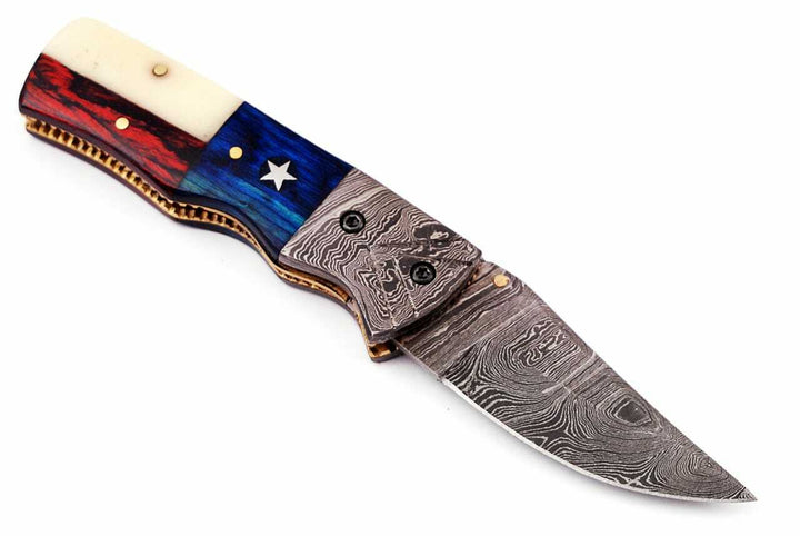 Hand Made Damascus Pocket Knife, Texas Flag Folding Knife, Outdoor Survival Knife With Leather Sheath - Groomsmen Gift, Anniversary Gift