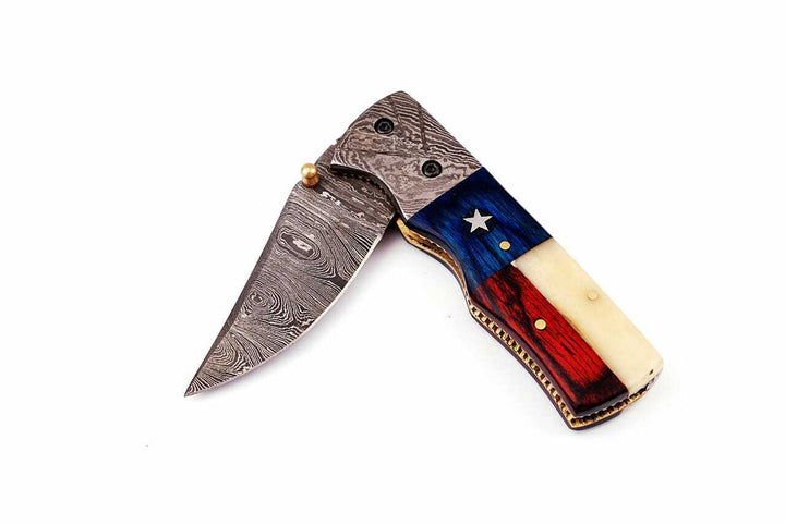 Hand Made Damascus Pocket Knife, Texas Flag Folding Knife, Outdoor Survival Knife With Leather Sheath - Groomsmen Gift, Anniversary Gift