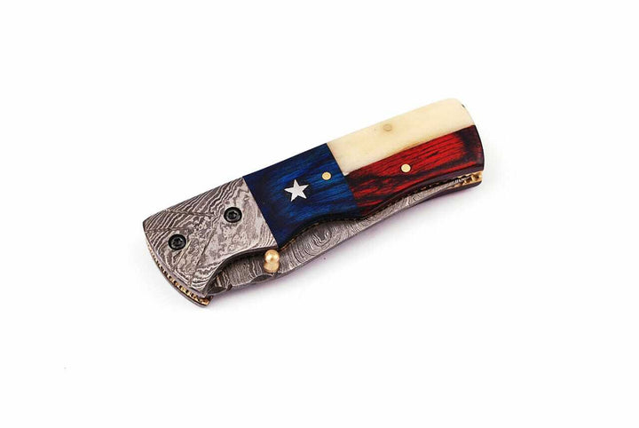 Hand Made Damascus Pocket Knife, Texas Flag Folding Knife, Outdoor Survival Knife With Leather Sheath - Groomsmen Gift, Anniversary Gift