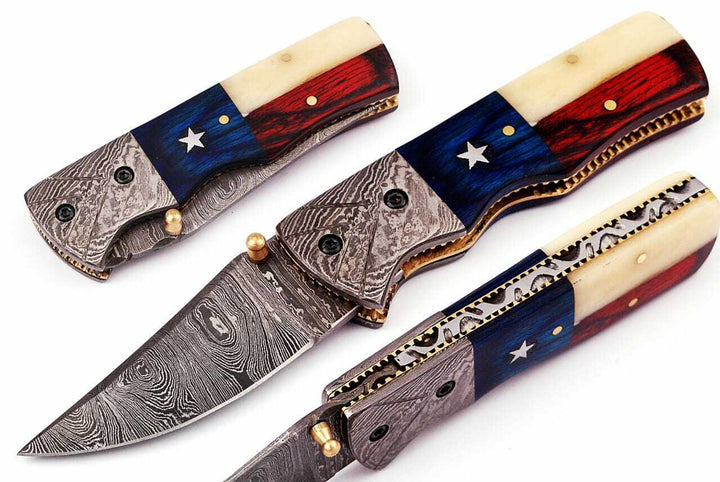 Hand Made Damascus Pocket Knife, Texas Flag Folding Knife, Outdoor Survival Knife With Leather Sheath - Groomsmen Gift, Anniversary Gift