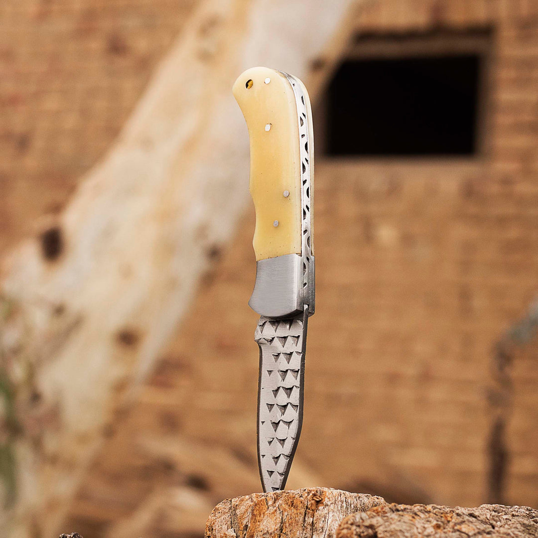 Custom Handmade 1095 Stainless Steel Pocket Most Beautiful Folding Knife Camel Bone Handle, Pocket Outdoor Liner-Lock Knife, Leather Sheath