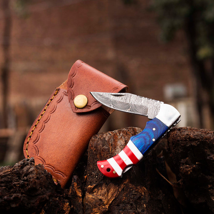 Damascus Pocket knife, Folding blade, Every Day Carry Knife , Damascus Folder, Best Gift For Him, Texas Flag Handle Knife, Texas Flag Handle Pocket / Folding Knives Handmade Knife for Men USA