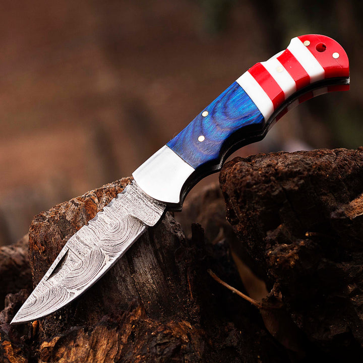 Damascus Pocket knife, Folding blade, Every Day Carry Knife , Damascus Folder, Best Gift For Him, Texas Flag Handle Knife, Texas Flag Handle Pocket / Folding Knives Handmade Knife for Men USA