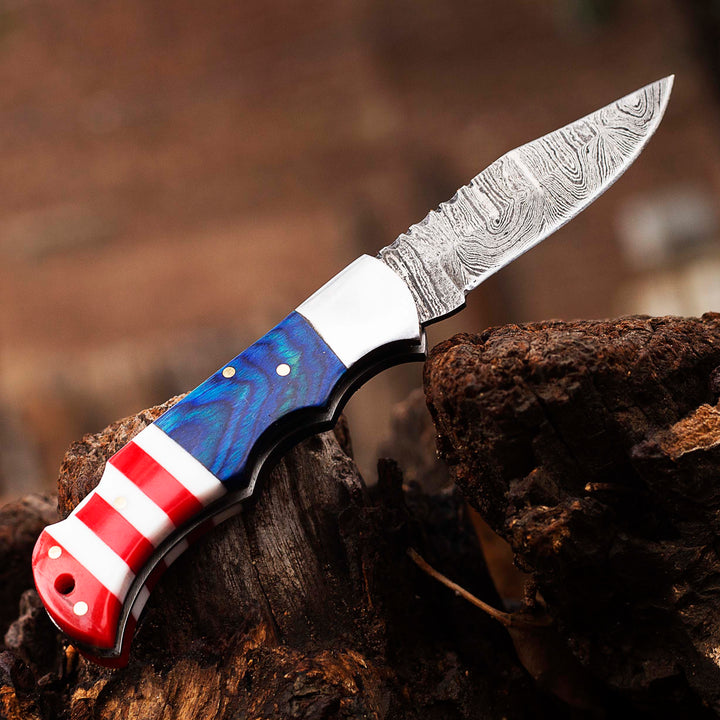 Damascus Pocket knife, Folding blade, Every Day Carry Knife , Damascus Folder, Best Gift For Him, Texas Flag Handle Knife, Texas Flag Handle Pocket / Folding Knives Handmade Knife for Men USA