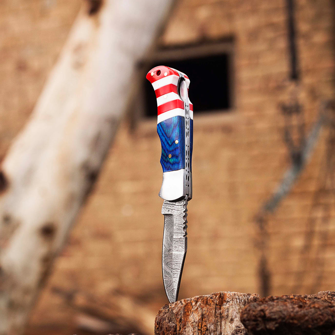 Damascus Pocket knife, Folding blade, Every Day Carry Knife , Damascus Folder, Best Gift For Him, Texas Flag Handle Knife, Texas Flag Handle Pocket / Folding Knives Handmade Knife for Men USA