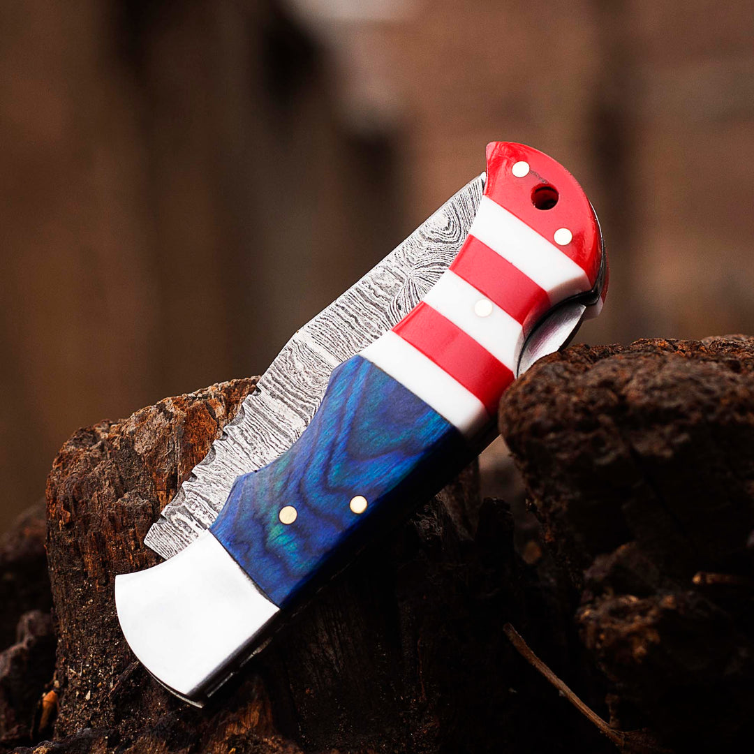 Damascus Pocket knife, Folding blade, Every Day Carry Knife , Damascus Folder, Best Gift For Him, Texas Flag Handle Knife, Texas Flag Handle Pocket / Folding Knives Handmade Knife for Men USA