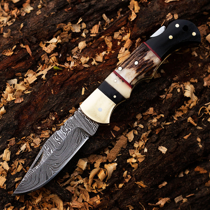 Handmade Damascus Steel Pocket Folding Knife 6.5", Real Stag Horn Handle, Damascus Fold Blade, Groomsman Gift, Camping Hiking Pocket Knife.