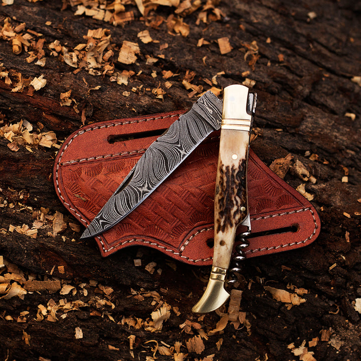 Custom Damascus Pocket Folding Knife | Antler Horn Handle | Birthday Gift Folding Knife | Groomsmen Gift Anniversary Wedding Personalized Gift for Men