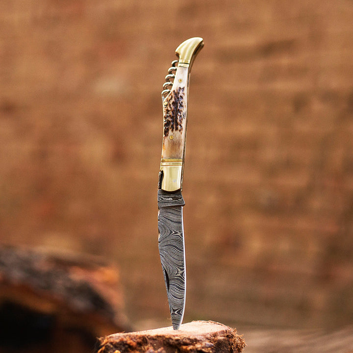 Custom Damascus Pocket Folding Knife | Antler Horn Handle | Birthday Gift Folding Knife | Groomsmen Gift Anniversary Wedding Personalized Gift for Men