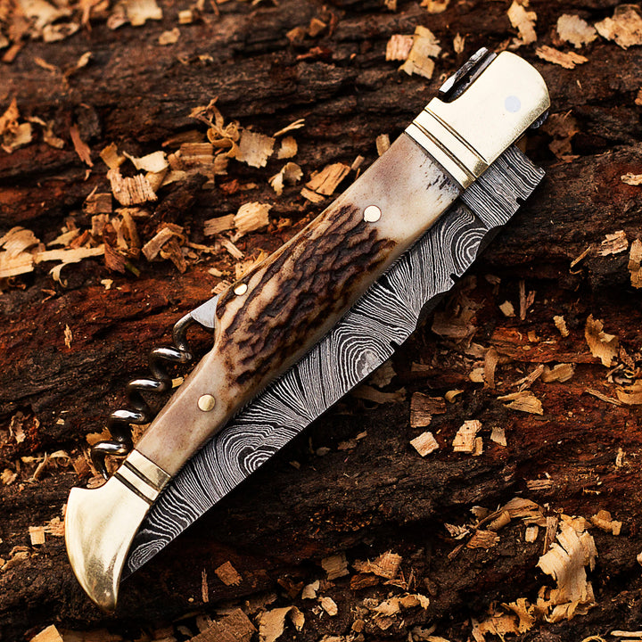 Custom Damascus Pocket Folding Knife | Antler Horn Handle | Birthday Gift Folding Knife | Groomsmen Gift Anniversary Wedding Personalized Gift for Men