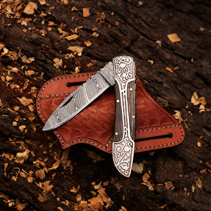 Damascus Pocket knife, Folding Blade, Every Day Carry Knife , Damascus Folder, Best Gift For Him, Engraved Handle Handmade Knife for Men USA