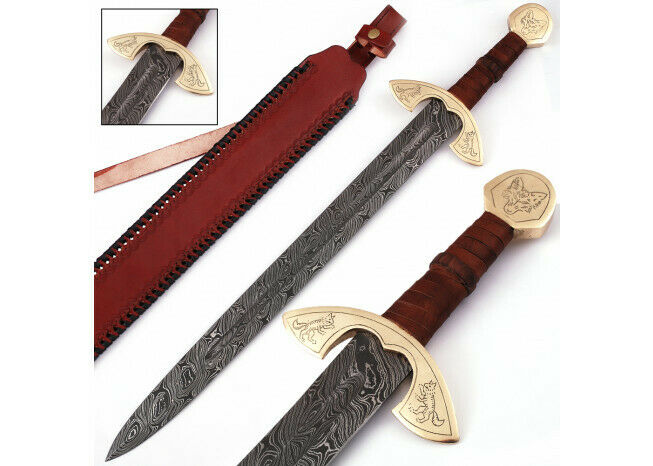 Custom Handmade Damascus Steel 36 Inches Double Edge Viking Functional Sword Battle Ready With Leather Sheath ,Gift for Him ,Birthday Gift