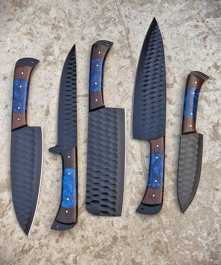 Custom Handmade Chef Knives Set / Kitchen Knives Set / 5Pcs Chef Set / Black Coated Blades Chef Knives Set / BBQ Knives Set / Best gift item / Mother Day Gift / Professional Chef For Gift