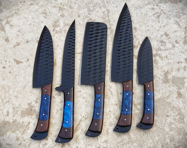 Custom Handmade Chef Knives Set / Kitchen Knives Set / 5Pcs Chef Set / Black Coated Blades Chef Knives Set / BBQ Knives Set / Best gift item / Mother Day Gift / Professional Chef For Gift