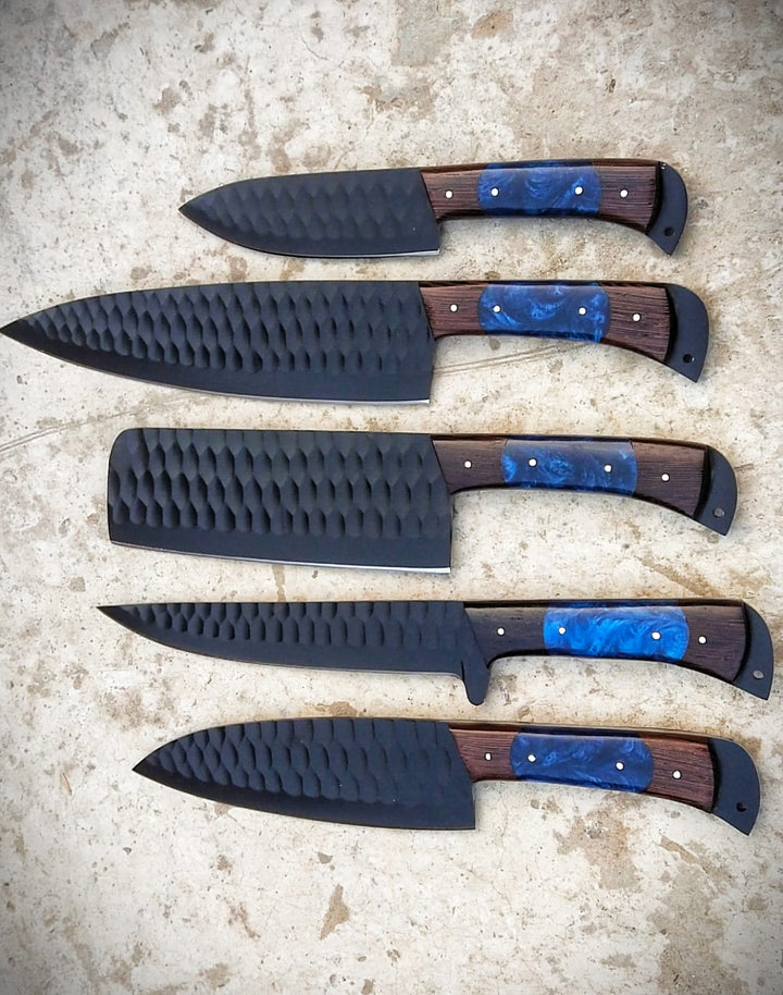 Custom Handmade Chef Knives Set / Kitchen Knives Set / 5Pcs Chef Set / Black Coated Blades Chef Knives Set / BBQ Knives Set / Best gift item / Mother Day Gift / Professional Chef For Gift