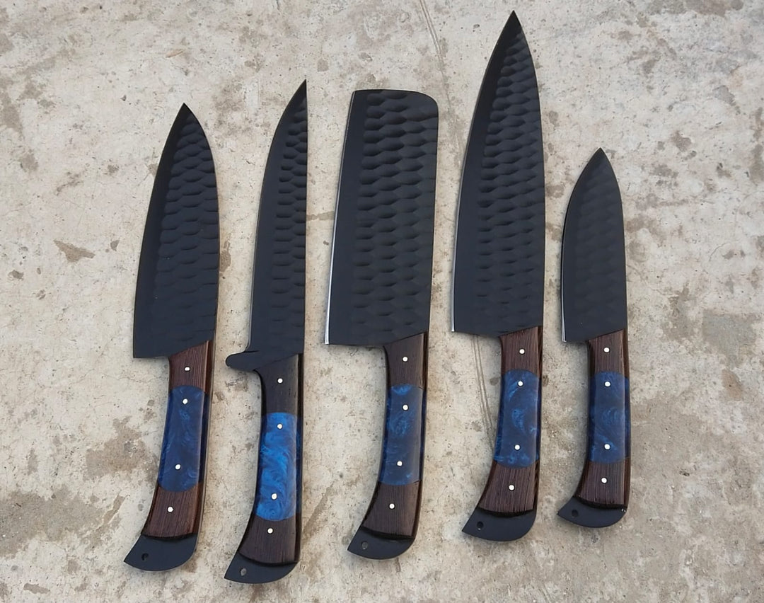 Custom Handmade Chef Knives Set / Kitchen Knives Set / 5Pcs Chef Set / Black Coated Blades Chef Knives Set / BBQ Knives Set / Best gift item / Mother Day Gift / Professional Chef For Gift