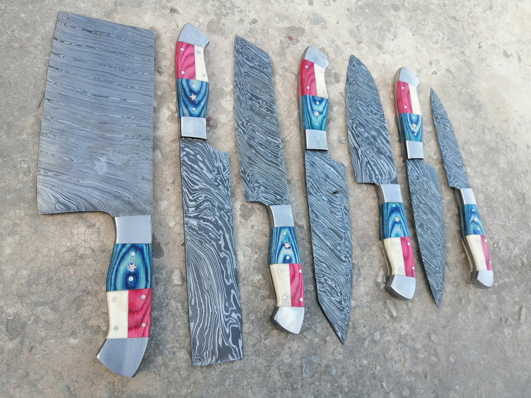 Custom Handmade Chef Knives Set / Kitchen Knives Set / 7Pcs Chef Set / Texas Flag Handle Chef Set / Texas Handle Knives / Damascus Blades Chef Knives Set / BBQ Knives Set / Best gift item / Mother Day Gift / Professional Chef For Gift