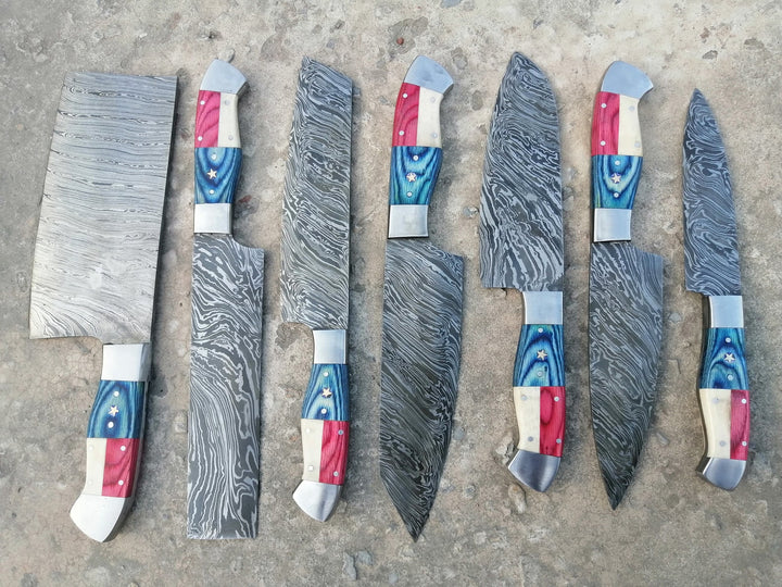 Custom Handmade Chef Knives Set / Kitchen Knives Set / 7Pcs Chef Set / Texas Flag Handle Chef Set / Texas Handle Knives / Damascus Blades Chef Knives Set / BBQ Knives Set / Best gift item / Mother Day Gift / Professional Chef For Gift