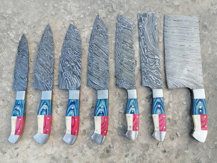 Custom Handmade Chef Knives Set / Kitchen Knives Set / 7Pcs Chef Set / Texas Flag Handle Chef Set / Texas Handle Knives / Damascus Blades Chef Knives Set / BBQ Knives Set / Best gift item / Mother Day Gift / Professional Chef For Gift