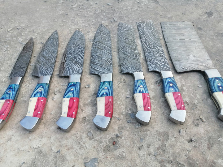 Custom Handmade Chef Knives Set / Kitchen Knives Set / 7Pcs Chef Set / Texas Flag Handle Chef Set / Texas Handle Knives / Damascus Blades Chef Knives Set / BBQ Knives Set / Best gift item / Mother Day Gift / Professional Chef For Gift