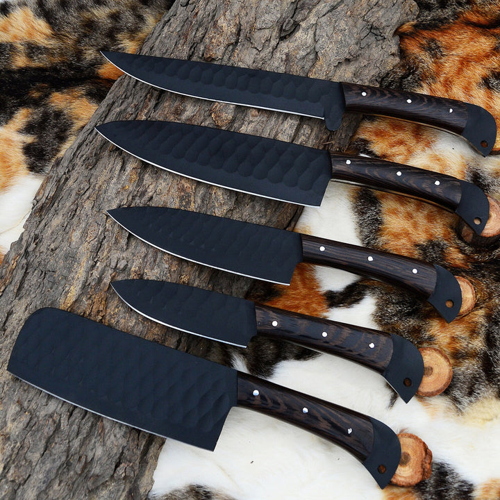 Custom Handmade Chef Knives Set / Kitchen Knives Set / 5Pcs Chef Set / Black Coated Blades Chef Knives Set / BBQ Knives Set / Best gift item / Mother Day Gift / Professional Chef For Gift